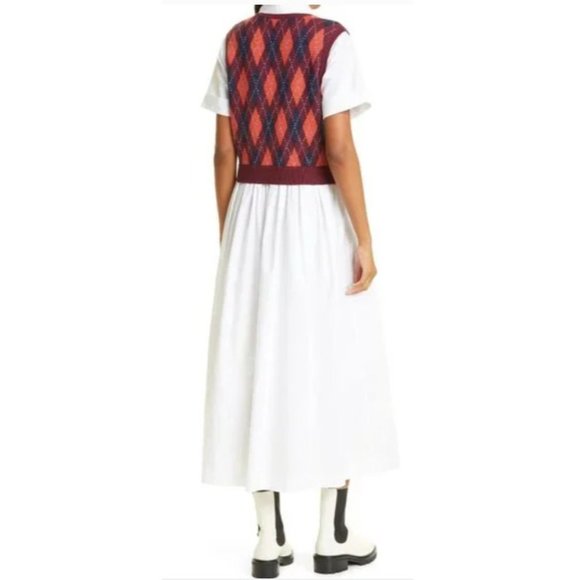 NWT $345 STAUD JACK KNAVE ARGYLE VEST BODICE WHITE COTTON MIDI DRESS SIZE SMALL - Picture 2 of 8